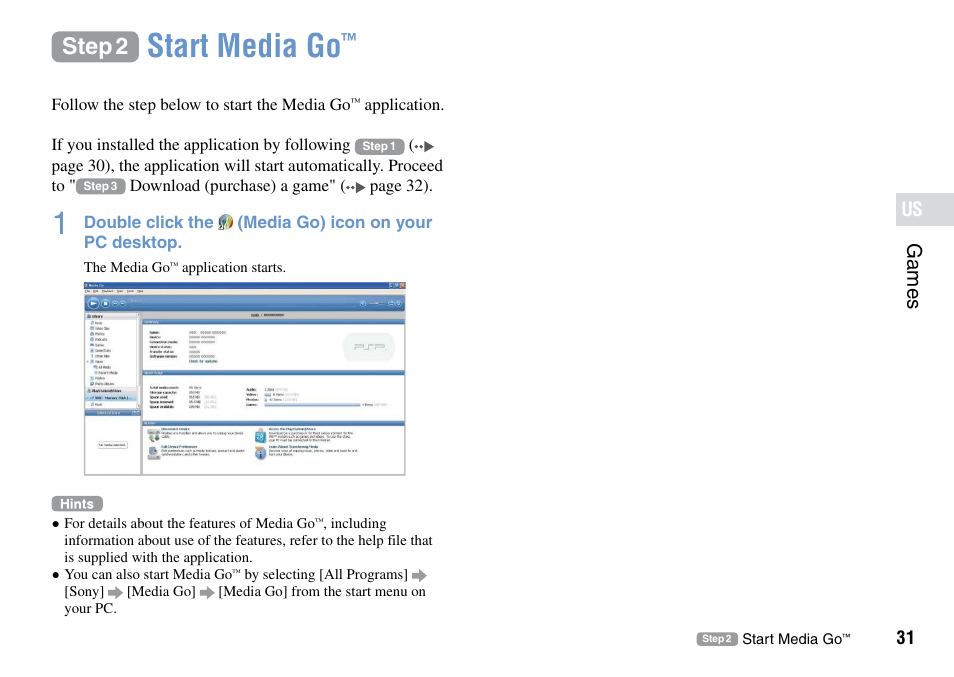 Step 2, Start media go, Games | Sony PSP Go PSP-N1001 User Manual | Page 31 / 123