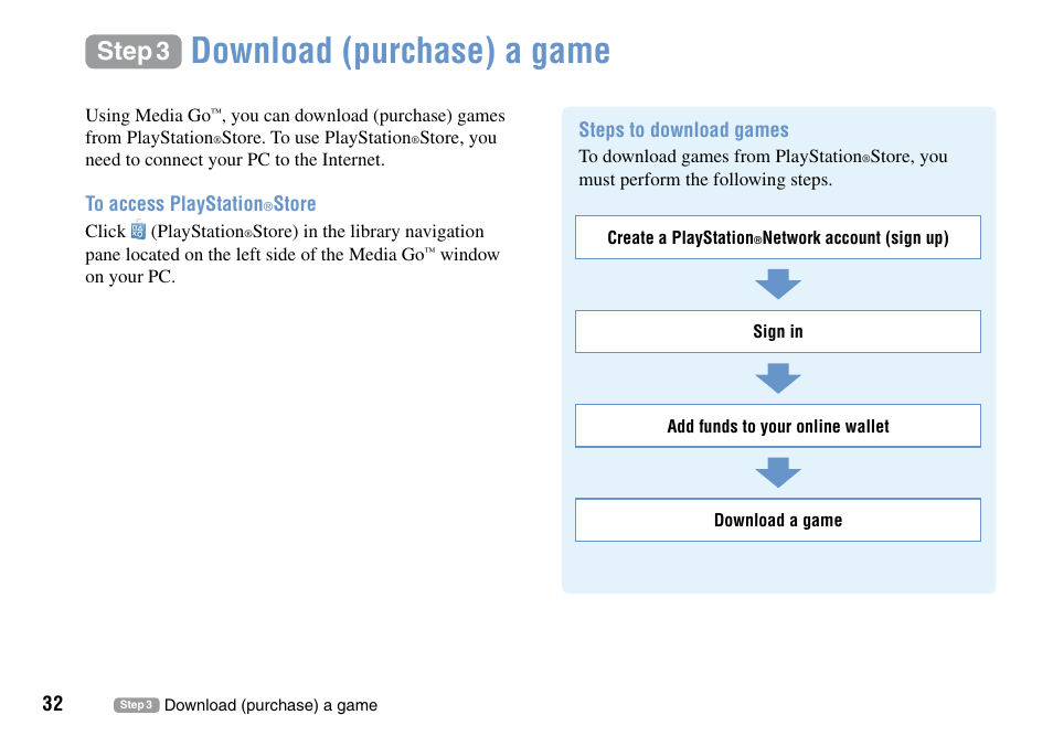 Step 3, Download (purchase) a game ········· 32, Download (purchase) a game | Sony PSP Go PSP-N1001 User Manual | Page 32 / 123