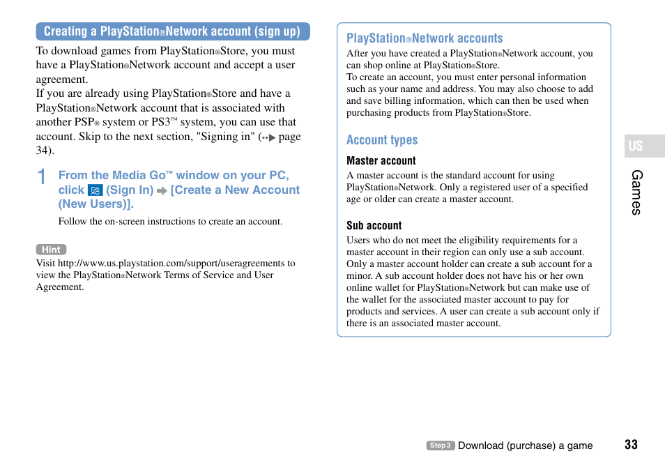 Games, Creating a playstation, Network account (sign up) | Playstation, Network accounts, Account types | Sony PSP Go PSP-N1001 User Manual | Page 33 / 123