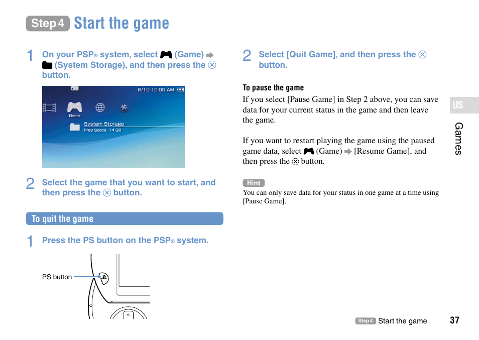 Step 4, Start the game ································ 37, Start the game 1 | Sony PSP Go PSP-N1001 User Manual | Page 37 / 123