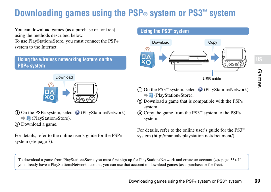 Downloading games using the psp, System, Or ps3 | System ······································· 39, System or ps, Games | Sony PSP Go PSP-N1001 User Manual | Page 39 / 123