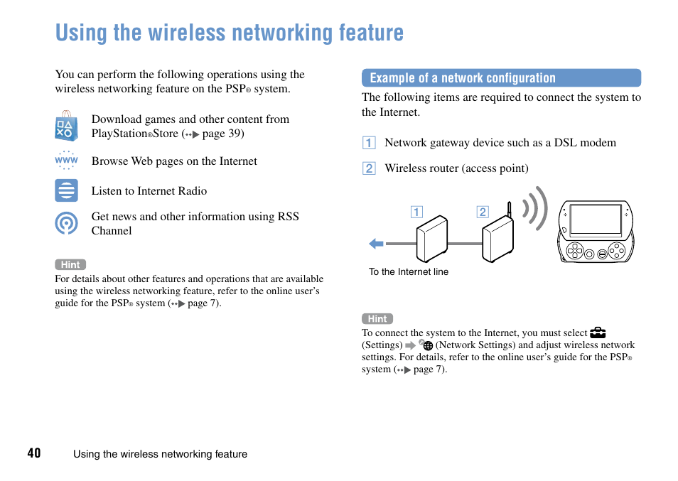 Network, Using the wireless networking feature ········· 40, Using the wireless networking feature | Sony PSP Go PSP-N1001 User Manual | Page 40 / 123