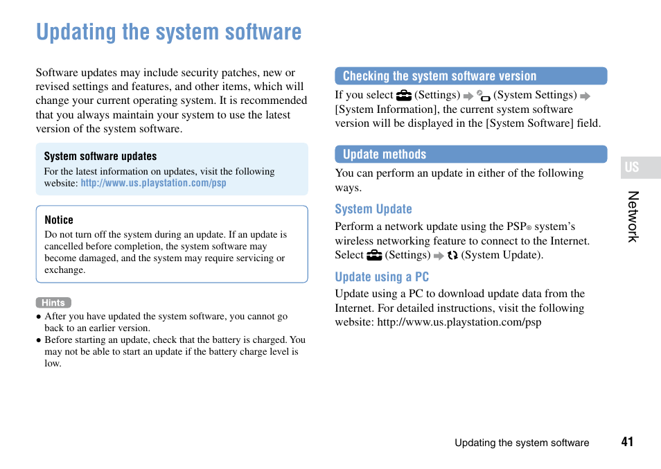 Updating the system software | Sony PSP Go PSP-N1001 User Manual | Page 41 / 123