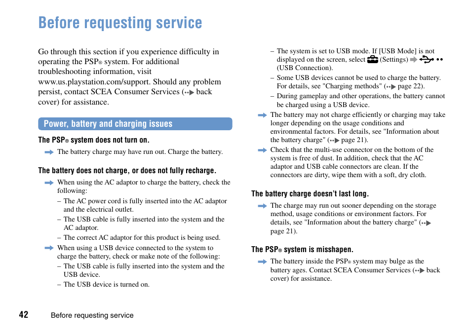 Support, Before requesting service, Power, battery and charging issues | Sony PSP Go PSP-N1001 User Manual | Page 42 / 123