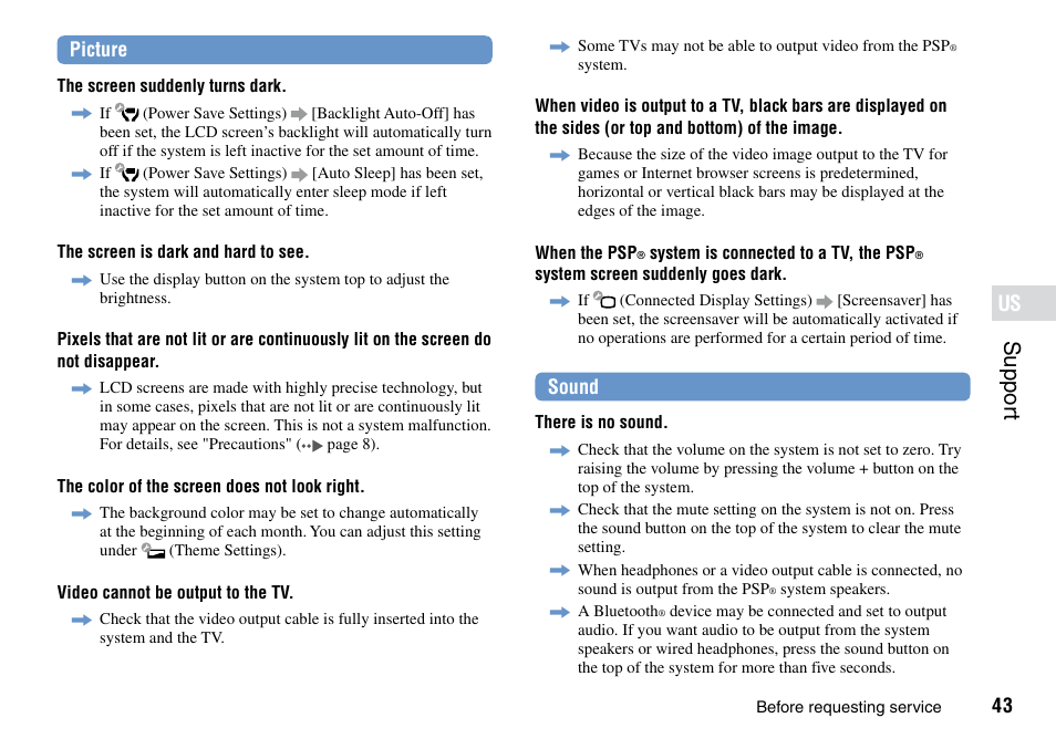 Suppor t, Picture, Sound | Sony PSP Go PSP-N1001 User Manual | Page 43 / 123