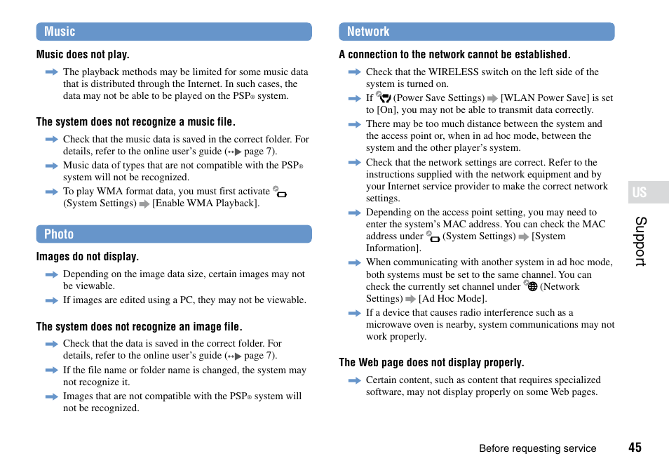 Suppor t, Music, Photo | Network | Sony PSP Go PSP-N1001 User Manual | Page 45 / 123