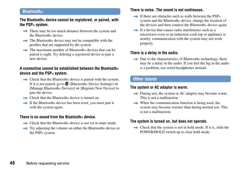 Bluetooth, Other issues | Sony PSP Go PSP-N1001 User Manual | Page 46 / 123