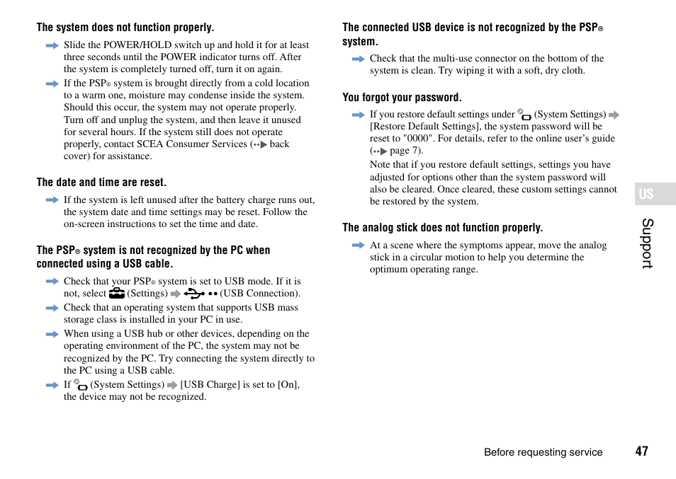 Suppor t | Sony PSP Go PSP-N1001 User Manual | Page 47 / 123