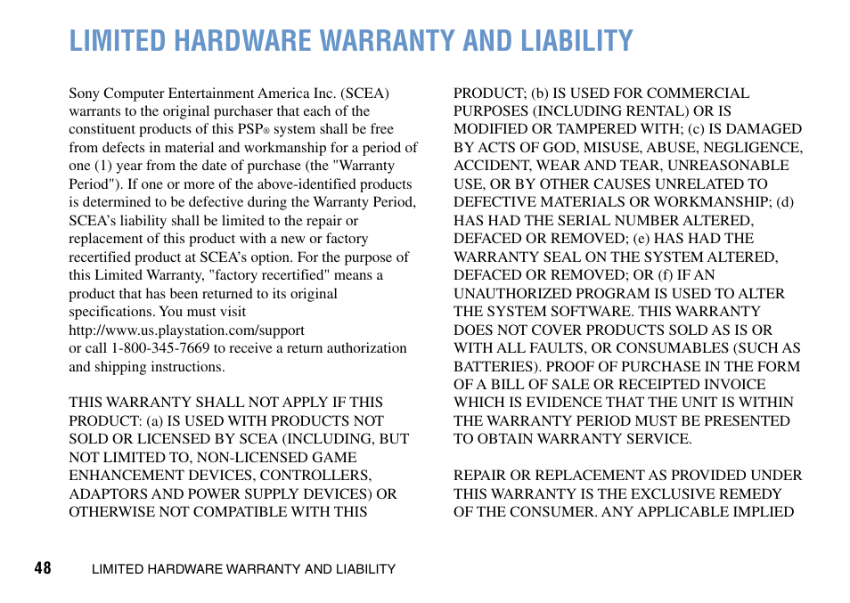 Limited hardware warranty and, Limited hardware warranty and liability | Sony PSP Go PSP-N1001 User Manual | Page 48 / 123