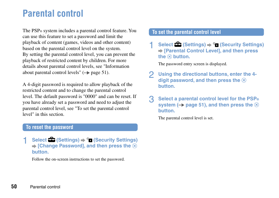 Additional information, Parental control | Sony PSP Go PSP-N1001 User Manual | Page 50 / 123