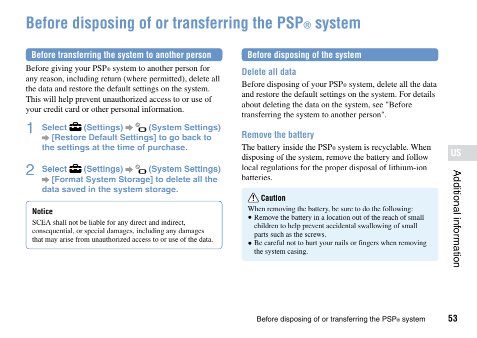 Before disposing of or transferring the psp, System | Sony PSP Go PSP-N1001 User Manual | Page 53 / 123