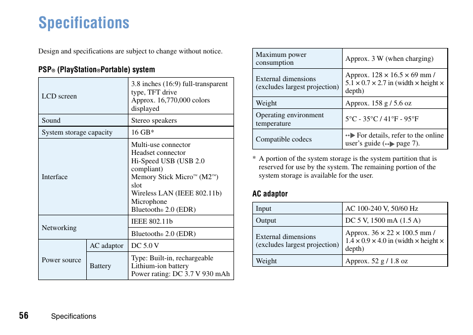 Specifications | Sony PSP Go PSP-N1001 User Manual | Page 56 / 123