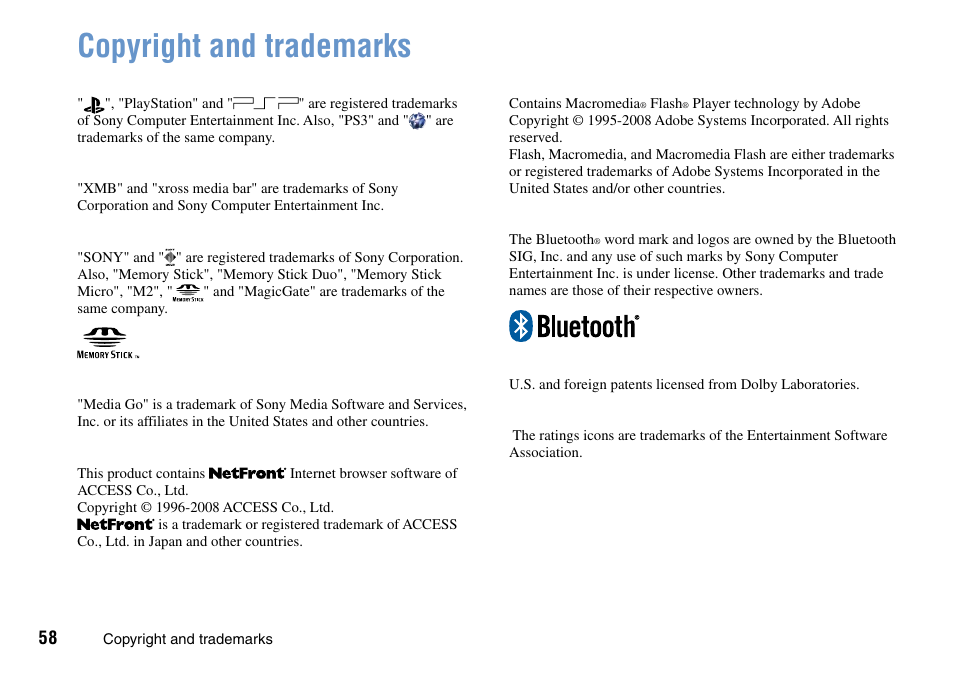 Copyright and trademarks | Sony PSP Go PSP-N1001 User Manual | Page 58 / 123