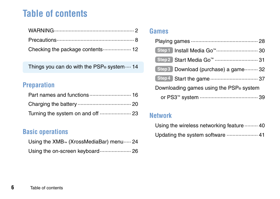 Sony PSP Go PSP-N1001 User Manual | Page 6 / 123