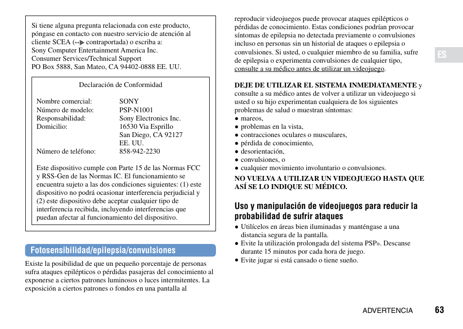 Fotosensibilidad/epilepsia/convulsiones | Sony PSP Go PSP-N1001 User Manual | Page 63 / 123