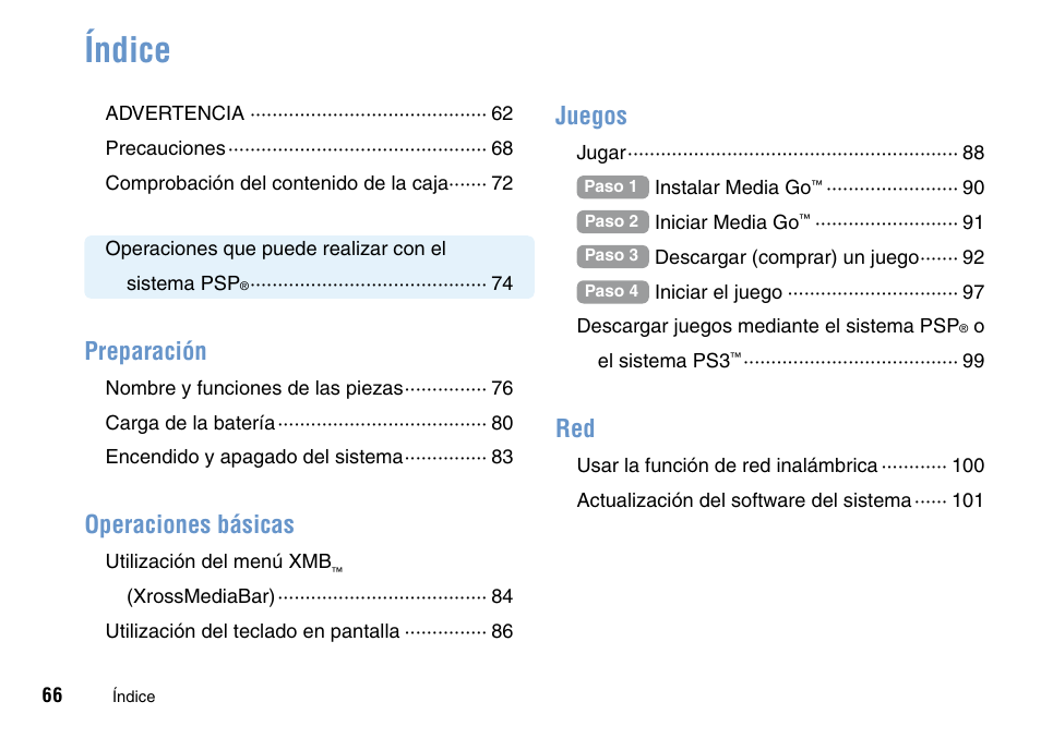 Índice, Juegos, Preparación | Operaciones básicas | Sony PSP Go PSP-N1001 User Manual | Page 66 / 123