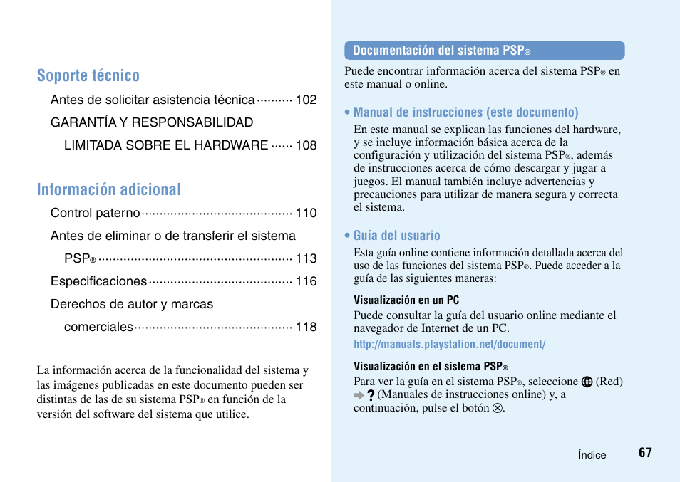 Soporte técnico, Información adicional | Sony PSP Go PSP-N1001 User Manual | Page 67 / 123