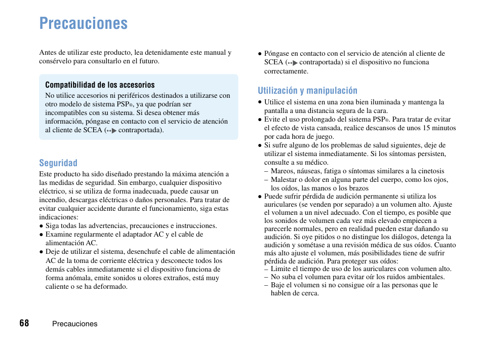 Precauciones, Seguridad, Utilización y manipulación | Sony PSP Go PSP-N1001 User Manual | Page 68 / 123