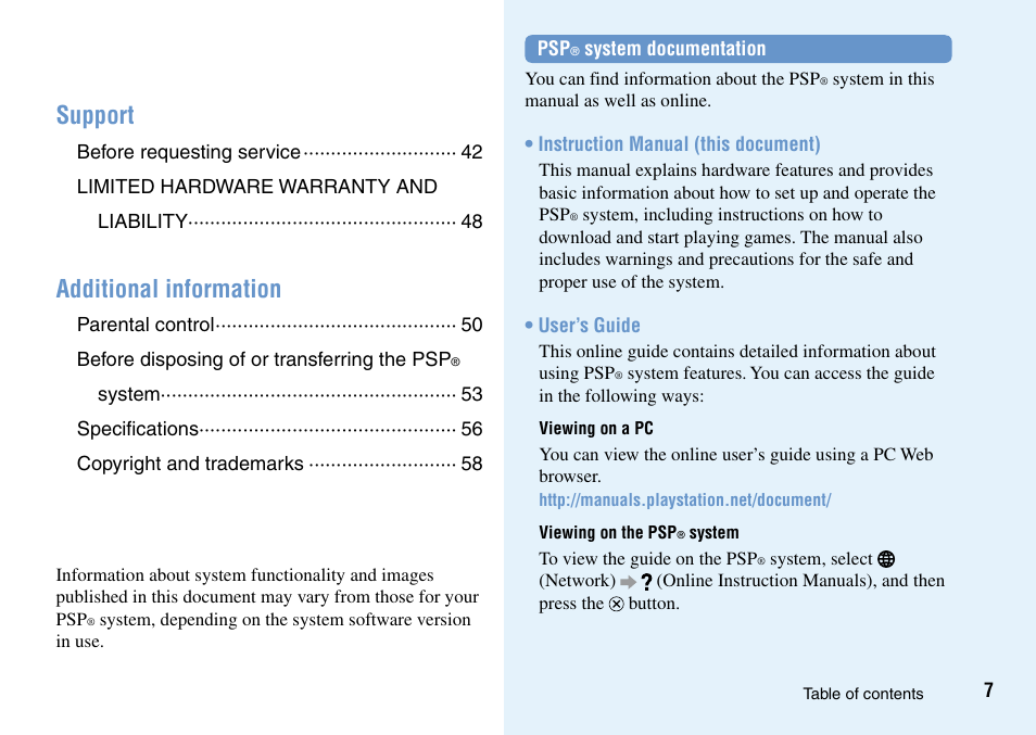 Support, Additional information | Sony PSP Go PSP-N1001 User Manual | Page 7 / 123