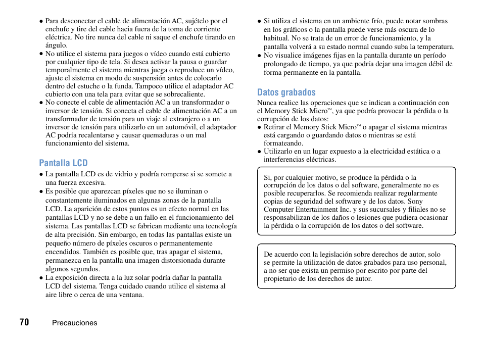 Pantalla lcd, Datos grabados | Sony PSP Go PSP-N1001 User Manual | Page 70 / 123