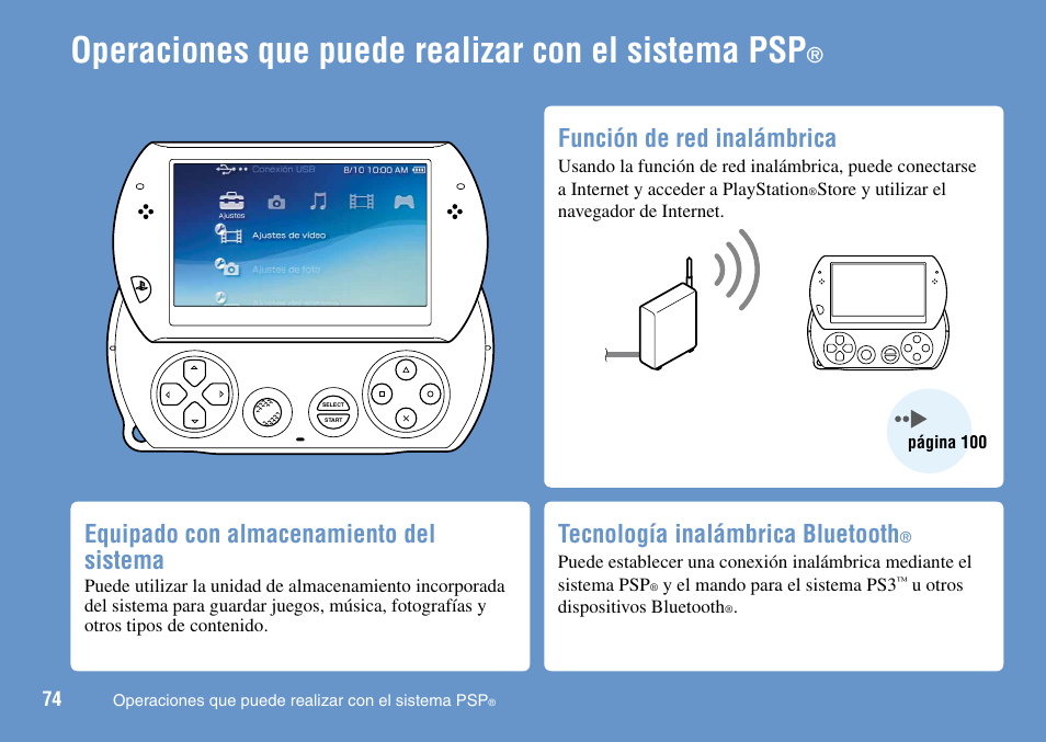 Operaciones·que·puede·realizar·con·el, Sistema·psp, Operaciones que puede realizar con el sistema psp | Función de red inalámbrica, Equipado con almacenamiento del sistema, Tecnología inalámbrica bluetooth | Sony PSP Go PSP-N1001 User Manual | Page 74 / 123