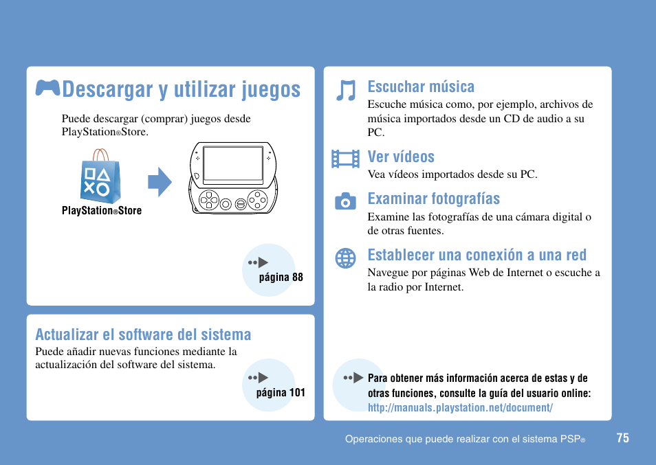 Descargar y utilizar juegos, Actualizar el software del sistema, Escuchar música | Ver vídeos, Examinar fotografías, Establecer una conexión a una red | Sony PSP Go PSP-N1001 User Manual | Page 75 / 123