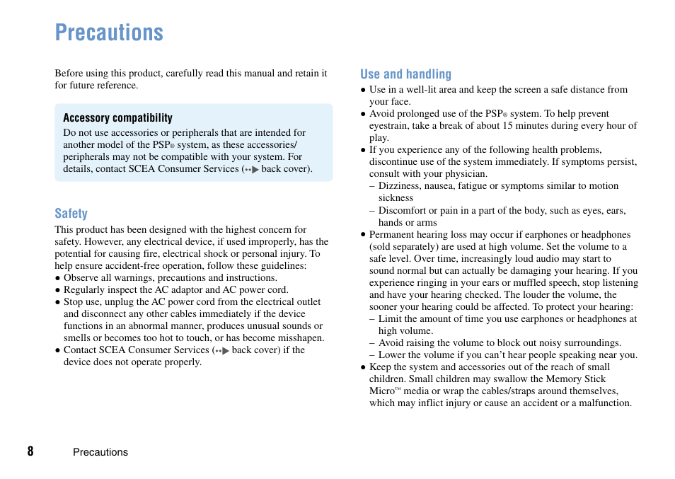 Precautions, Safety, Use and handling | Sony PSP Go PSP-N1001 User Manual | Page 8 / 123