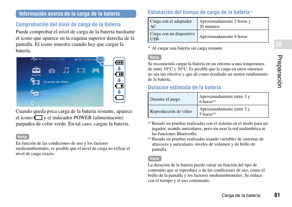 Prepar ación, Estimación del tiempo de carga de la batería, Duración estimada de la batería | Sony PSP Go PSP-N1001 User Manual | Page 81 / 123