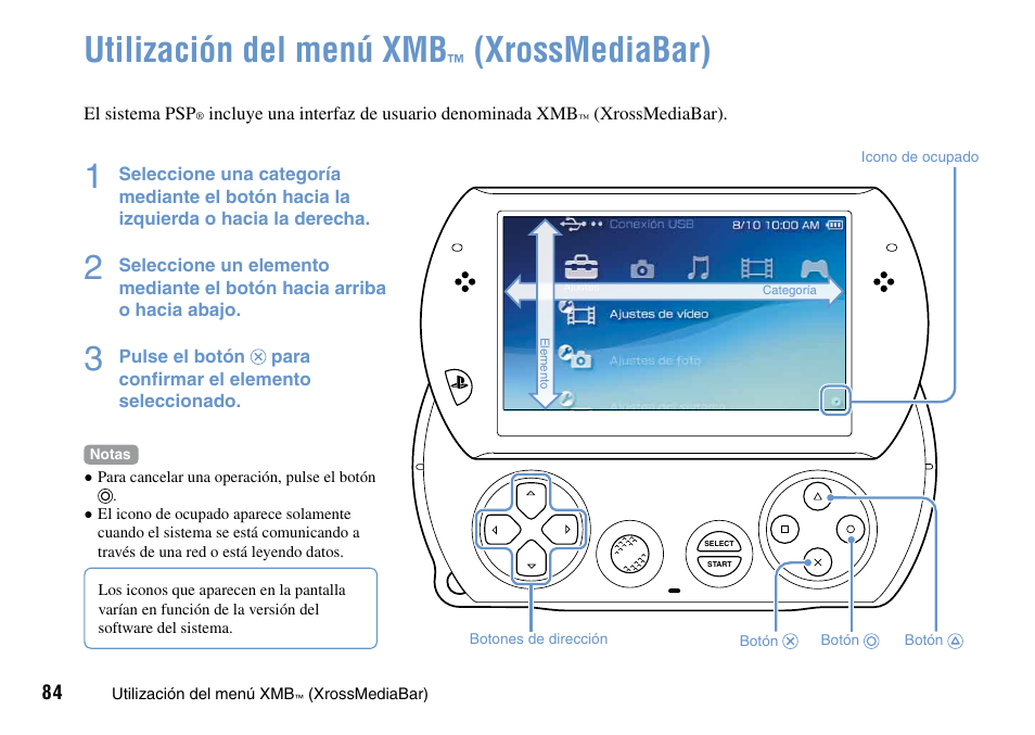 Operaciones básicas, Utilización·del·menú·xmb, Utilización del menú xmb | Xrossmediabar) | Sony PSP Go PSP-N1001 User Manual | Page 84 / 123