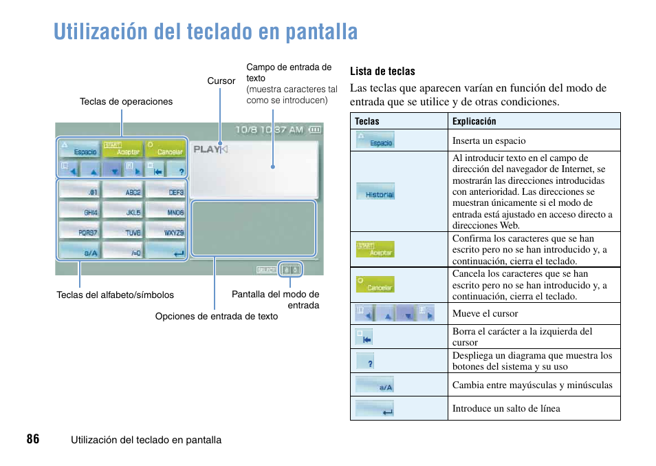 Utilización del teclado en pantalla | Sony PSP Go PSP-N1001 User Manual | Page 86 / 123