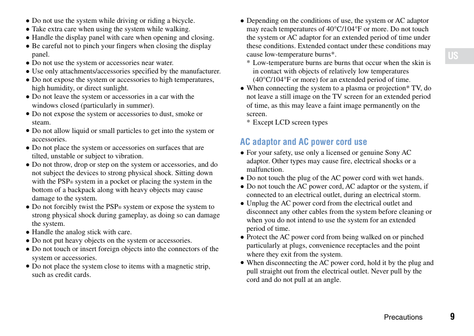 Ac adaptor and ac power cord use | Sony PSP Go PSP-N1001 User Manual | Page 9 / 123