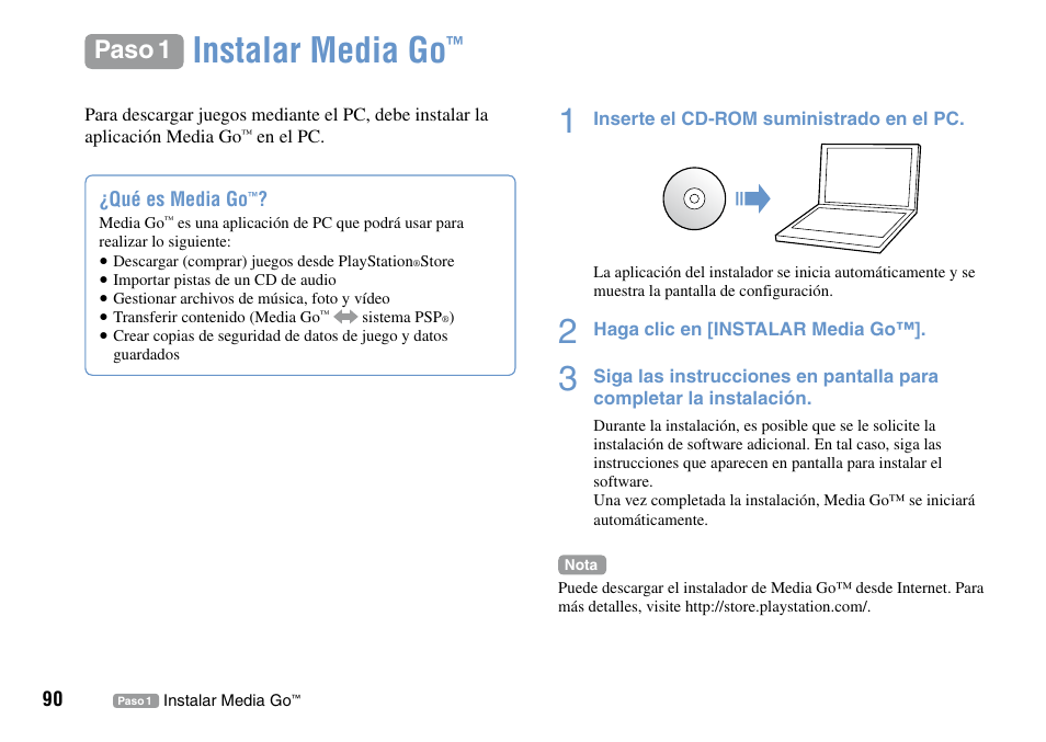 Paso 1, Instalar·media·go, Instalar media go | Sony PSP Go PSP-N1001 User Manual | Page 90 / 123