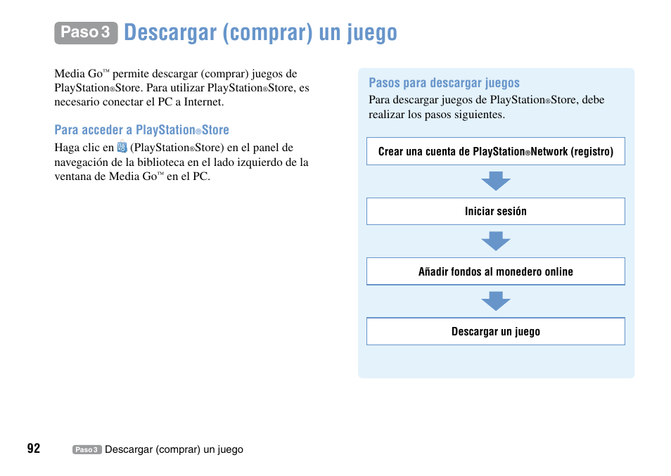 Paso 3, Descargar·(comprar)·un·juego········ 92, Descargar (comprar) un juego | Sony PSP Go PSP-N1001 User Manual | Page 92 / 123