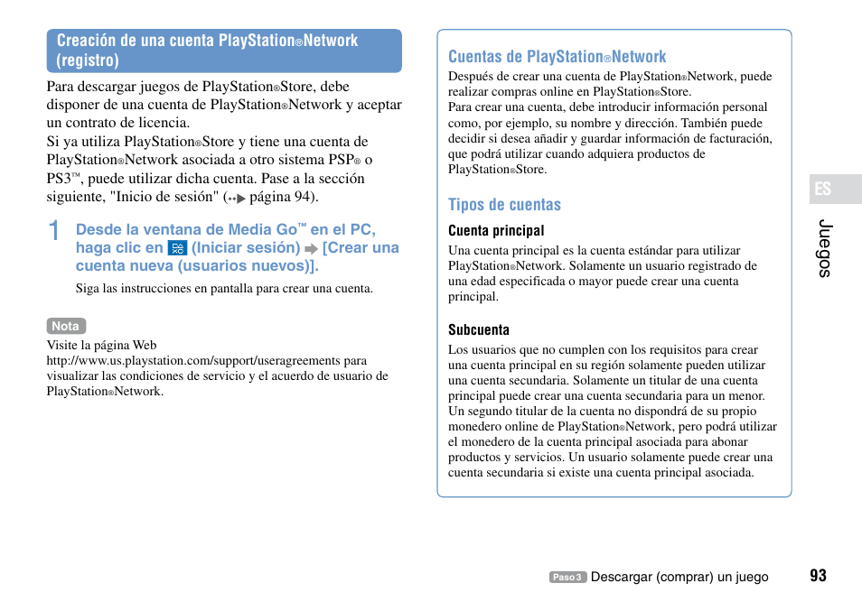 Juegos, 93 creación de una cuenta playstation, Network (registro) | Cuentas de playstation, Network, Tipos de cuentas | Sony PSP Go PSP-N1001 User Manual | Page 93 / 123