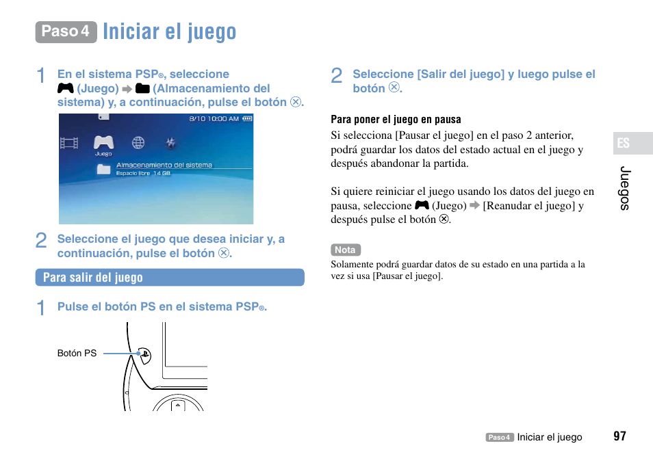 Paso 4, Iniciar el juego 1 | Sony PSP Go PSP-N1001 User Manual | Page 97 / 123