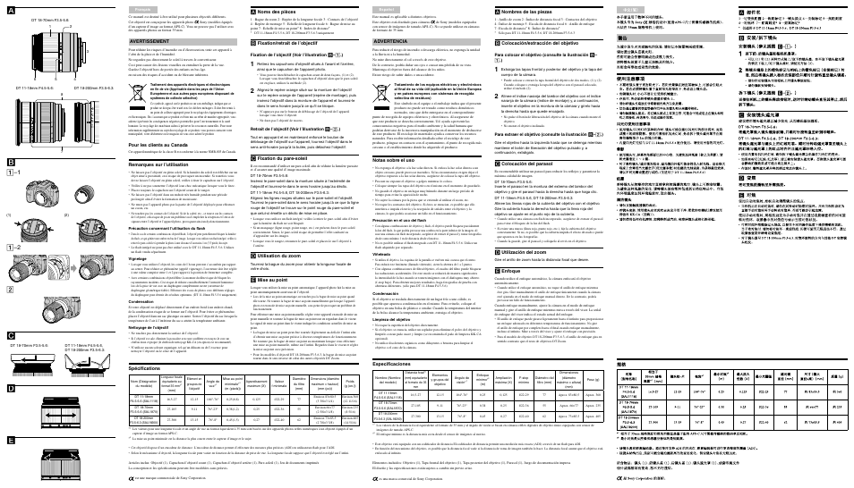 Rear side, Avertissement, Pour les clients au canada | Remarques sur l’utilisation, Noms des pièces, Fixation/retrait de l’objectif, Fixation du pare-soleil, Utilisation du zoom, Mise au point, Spéciﬁcations | Sony Camera Lens User Manual | Page 2 / 2