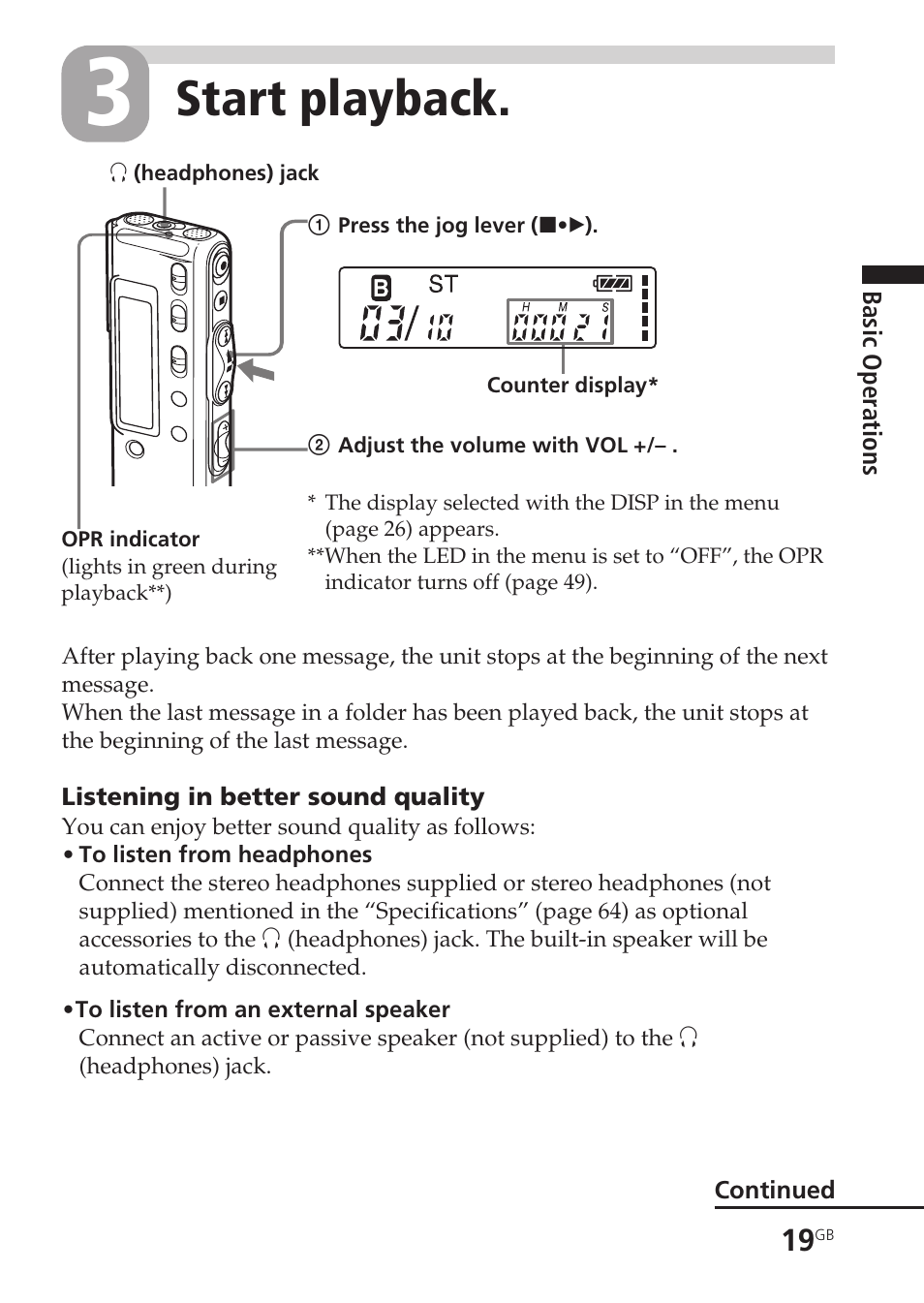 Playback, Volume control, Start playback | Sony ICD-SX55 User Manual | Page 19 / 68