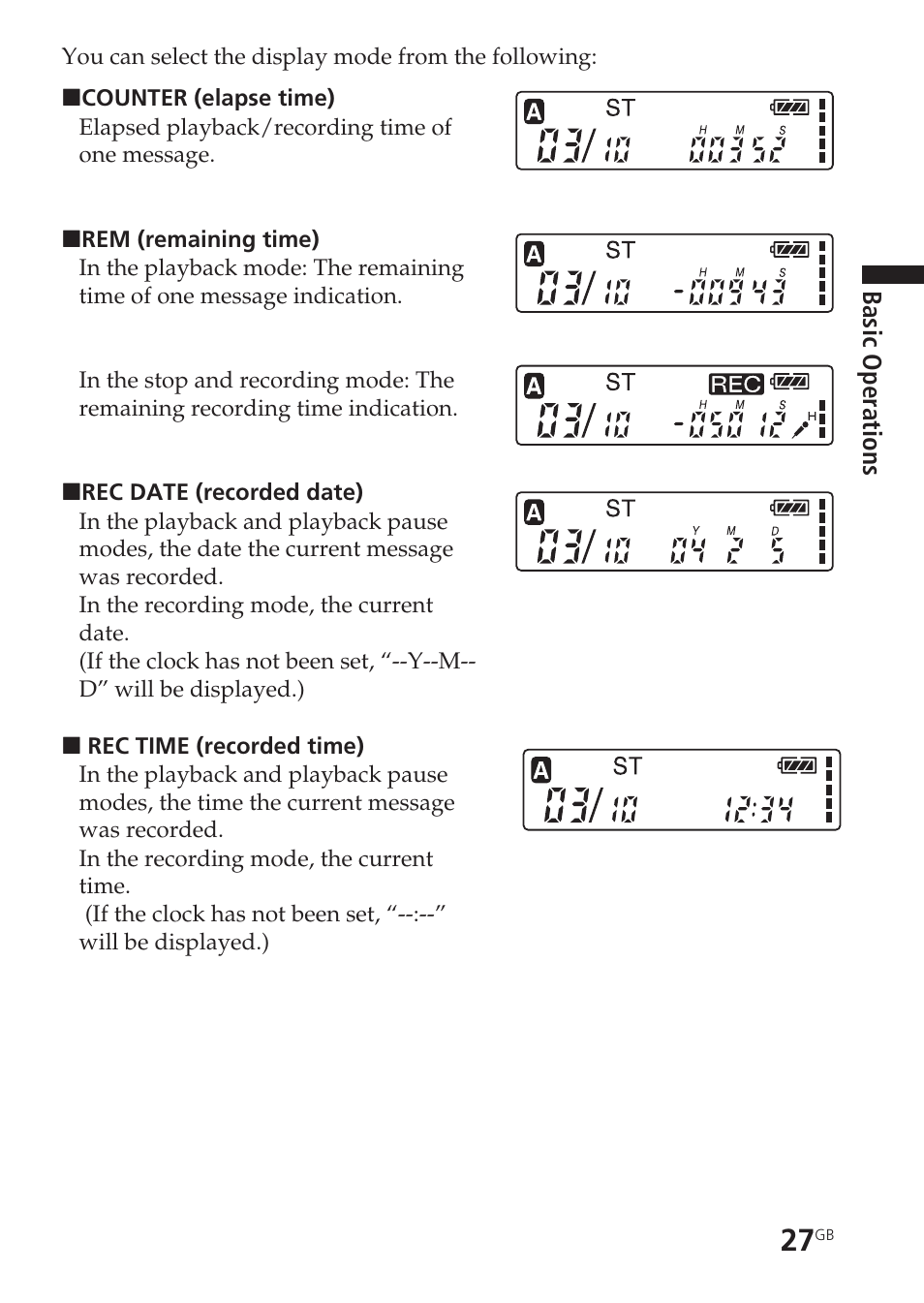 Counter display, Recorded date/time display, Remaining display | Sony ICD-SX55 User Manual | Page 27 / 68