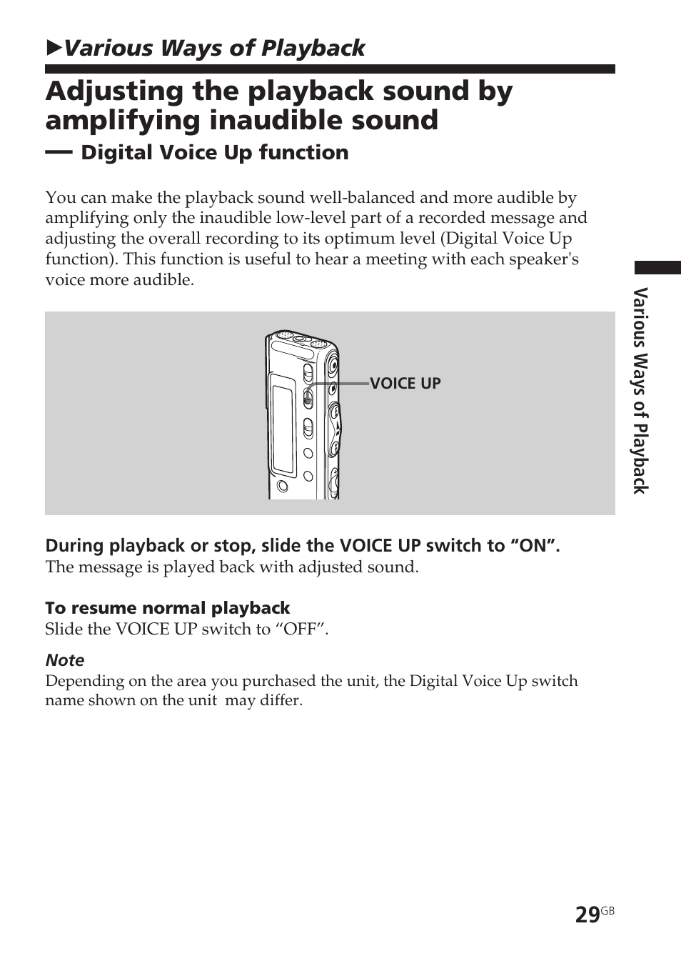 Various ways of playback, Digital voice up function, Adjusting the playback speed | Dpc (digital pitch control), Bvarious ways of playback | Sony ICD-SX55 User Manual | Page 29 / 68