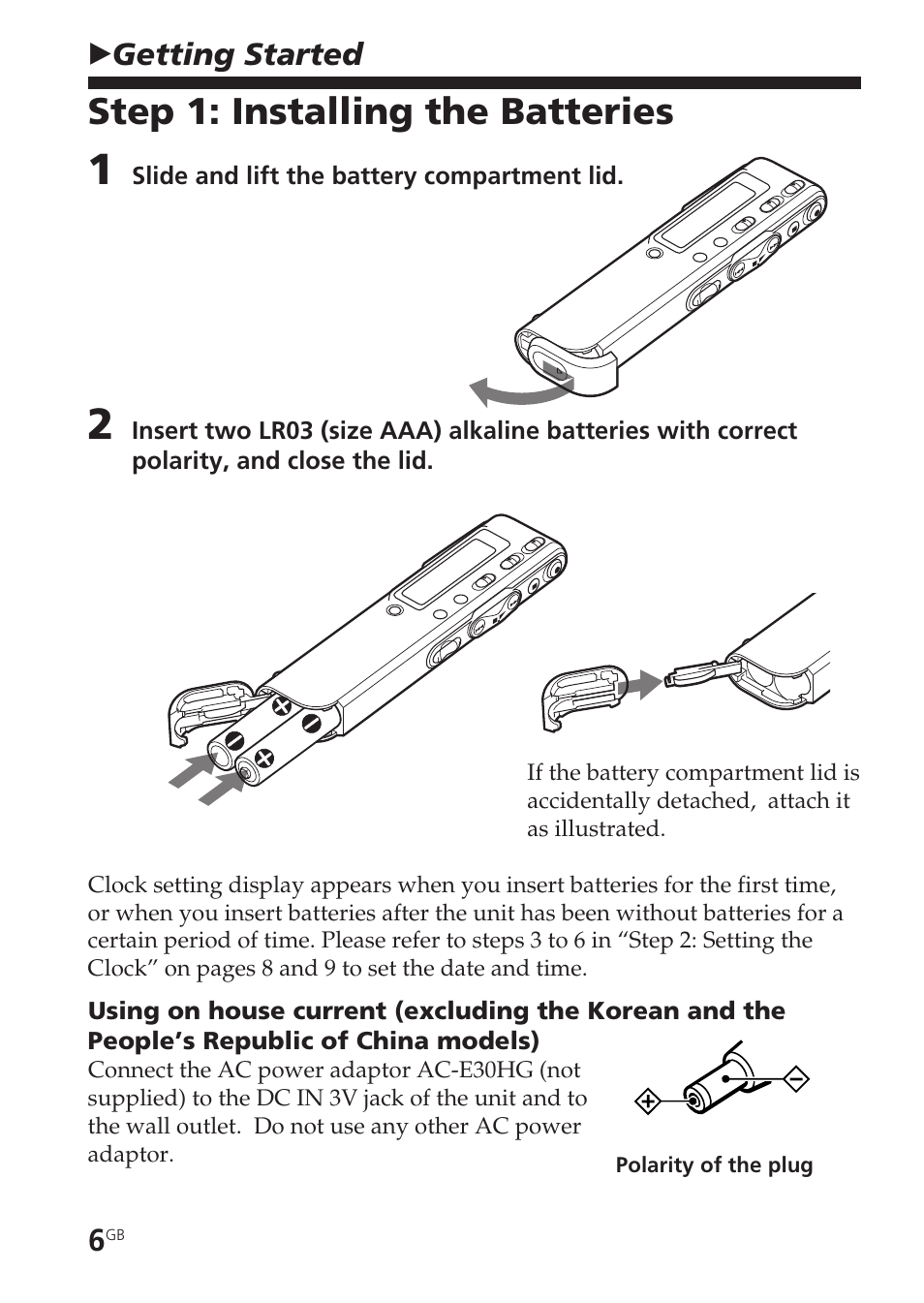 Getting started, Step 1: installing the batteries, Battery | Sony ICD-SX55 User Manual | Page 6 / 68