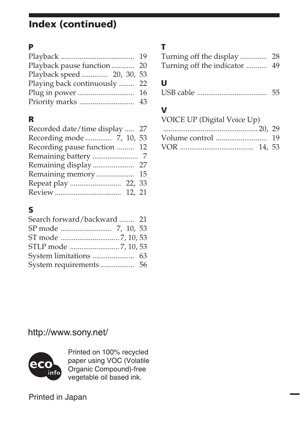 Index (continued) | Sony ICD-SX55 User Manual | Page 68 / 68