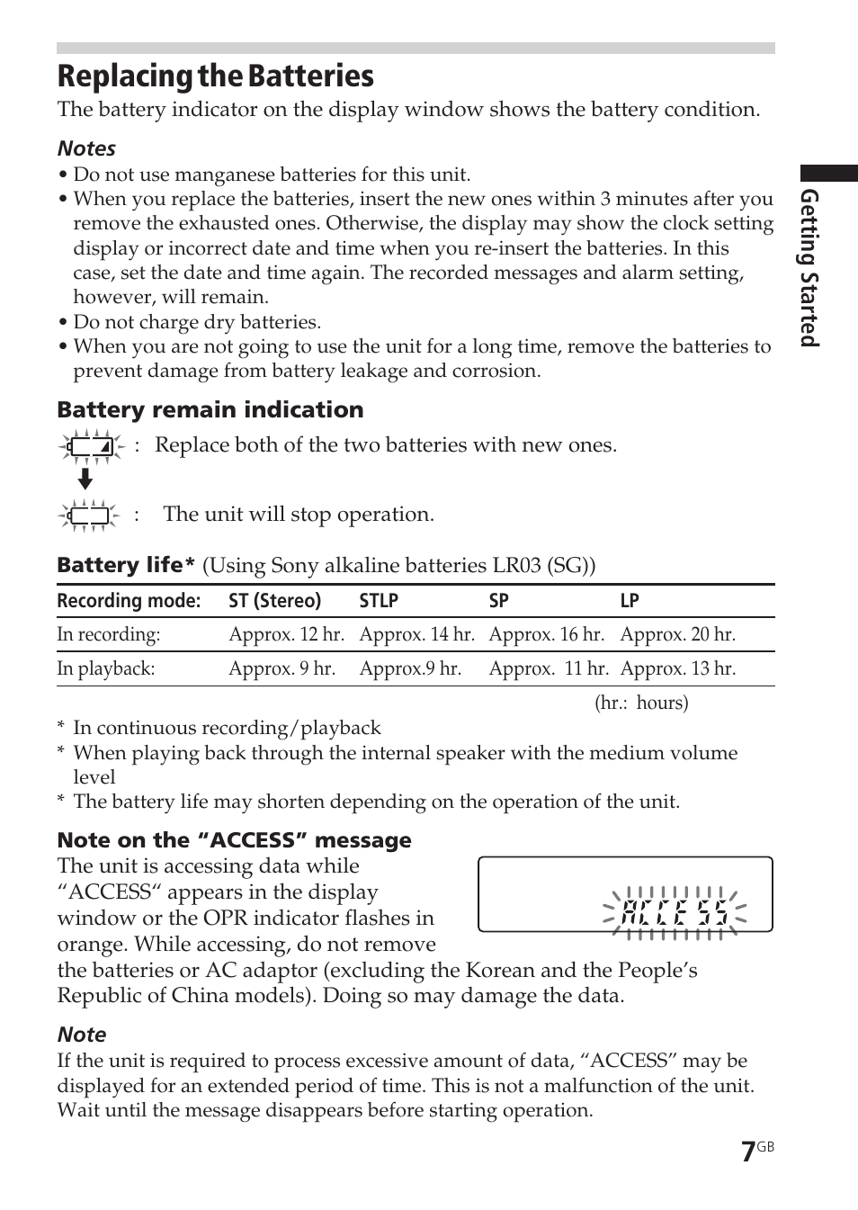 Replacing the batteries, Access“ message, Lp mode | Recording mode, Remaining battery, Sp mode | Sony ICD-SX55 User Manual | Page 7 / 68