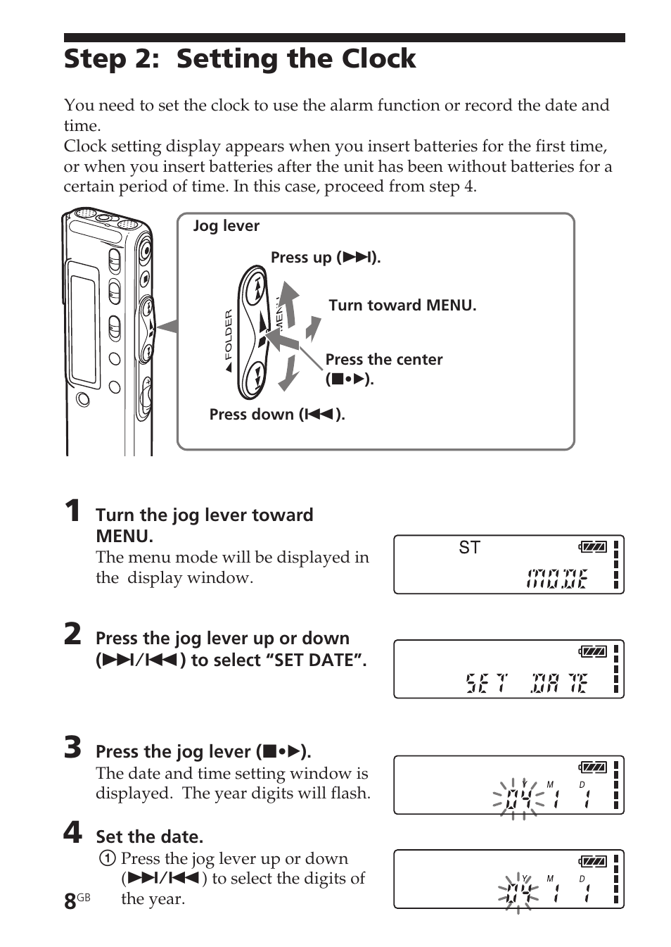 Step 2: setting the clock, Clock setting | Sony ICD-SX55 User Manual | Page 8 / 68