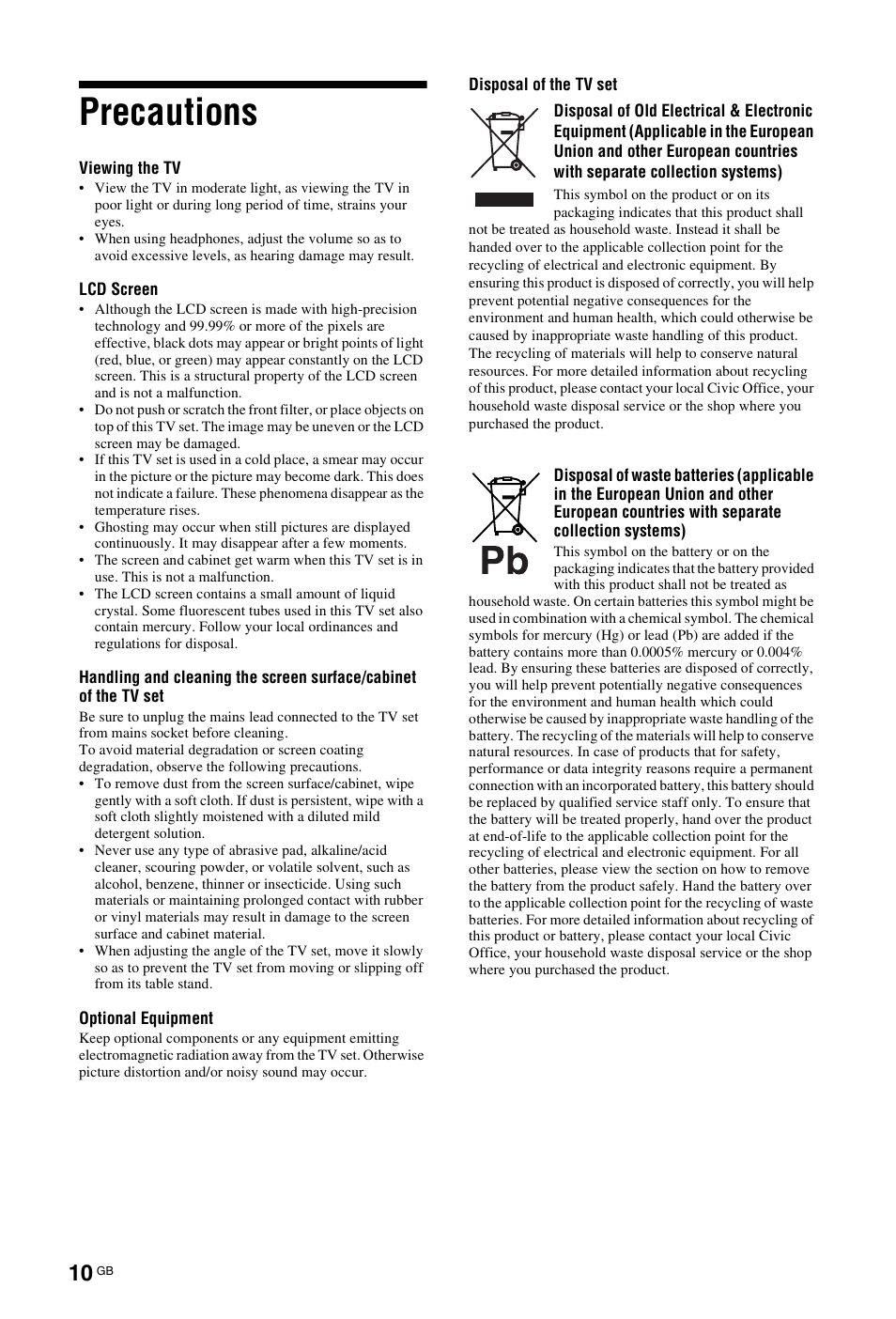 Precautions | Sony BRAVIA KDL-26L40xx User Manual | Page 10 / 40