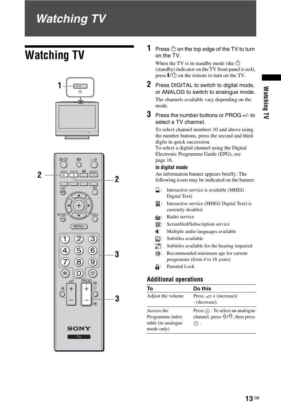 Watching tv | Sony BRAVIA KDL-26L40xx User Manual | Page 13 / 40