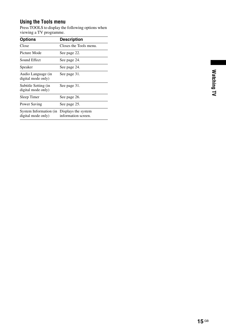 Wat chi ng t v using the tools menu | Sony BRAVIA KDL-26L40xx User Manual | Page 15 / 40