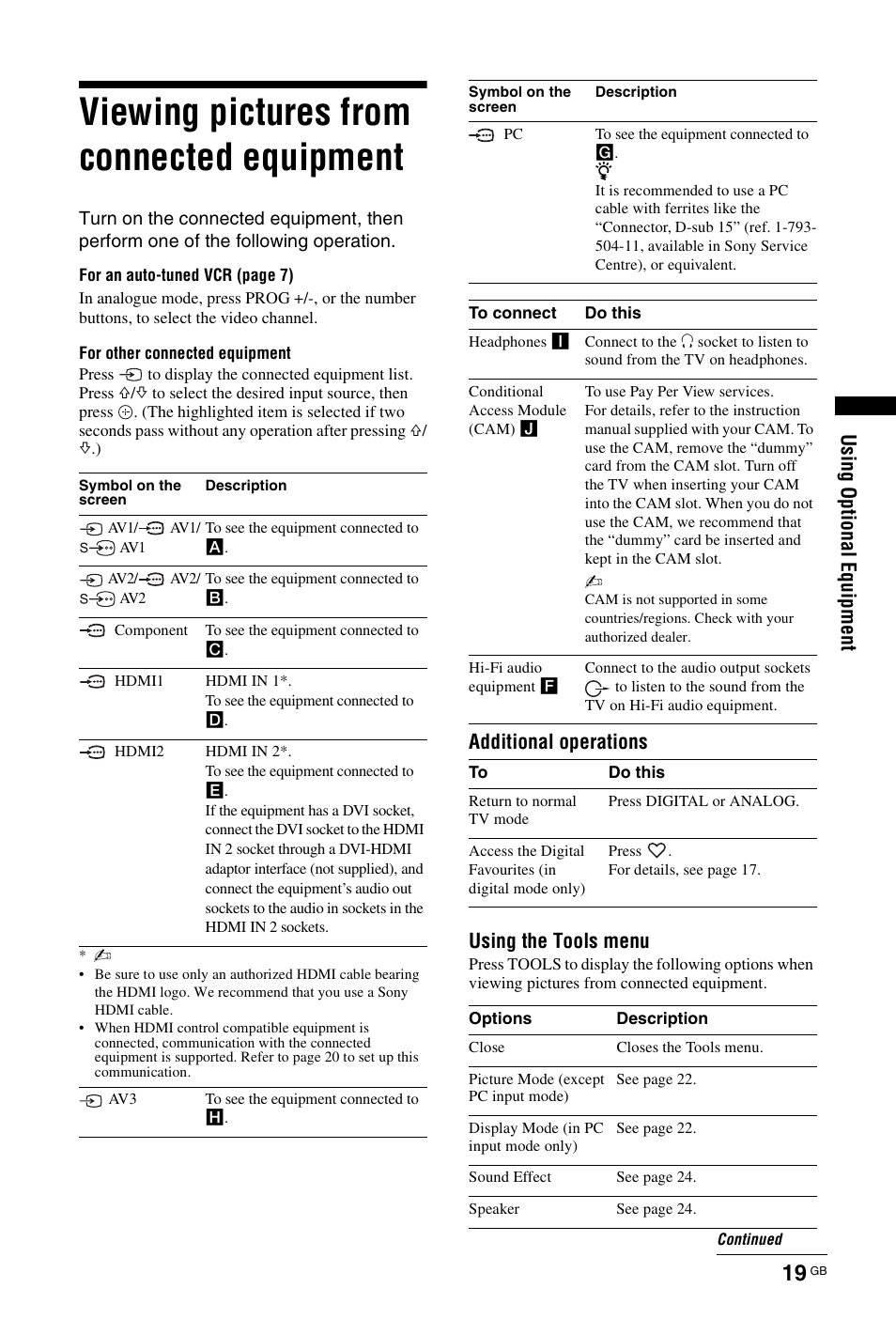 Viewing pictures from connected equipment, Usi ng opt io nal equi pment, Additional operations using the tools menu | Sony BRAVIA KDL-26L40xx User Manual | Page 19 / 40