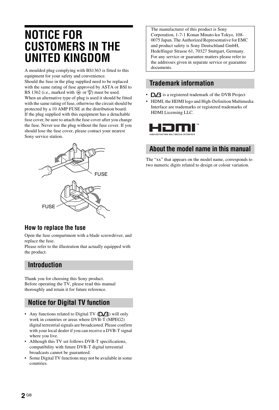 Introduction, Notice for digital tv function, Trademark information | About the model name in this manual, Notice for customers in the united kingdom, Introduction notice for digital tv function, How to replace the fuse | Sony BRAVIA KDL-26L40xx User Manual | Page 2 / 40