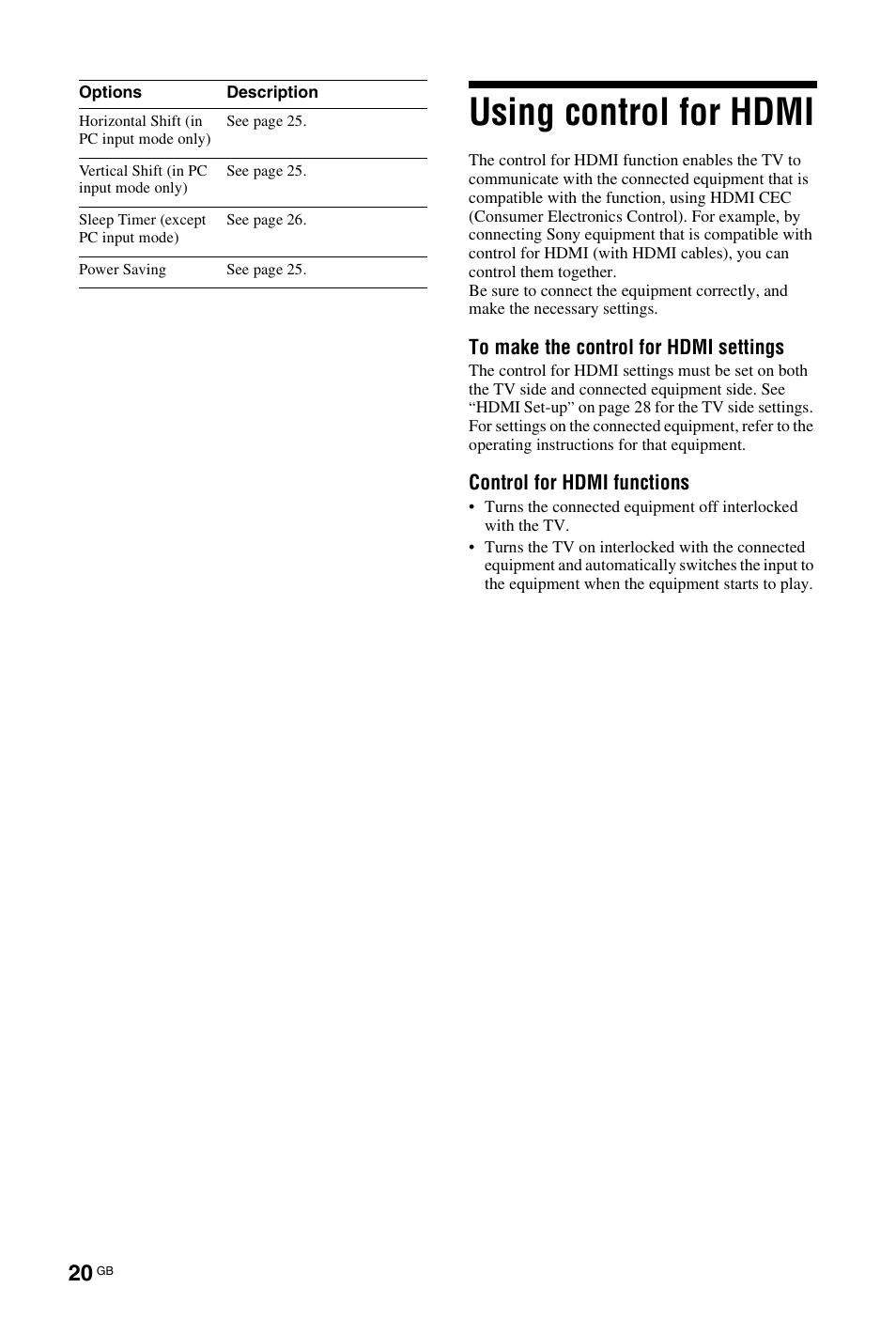 Using control for hdmi | Sony BRAVIA KDL-26L40xx User Manual | Page 20 / 40