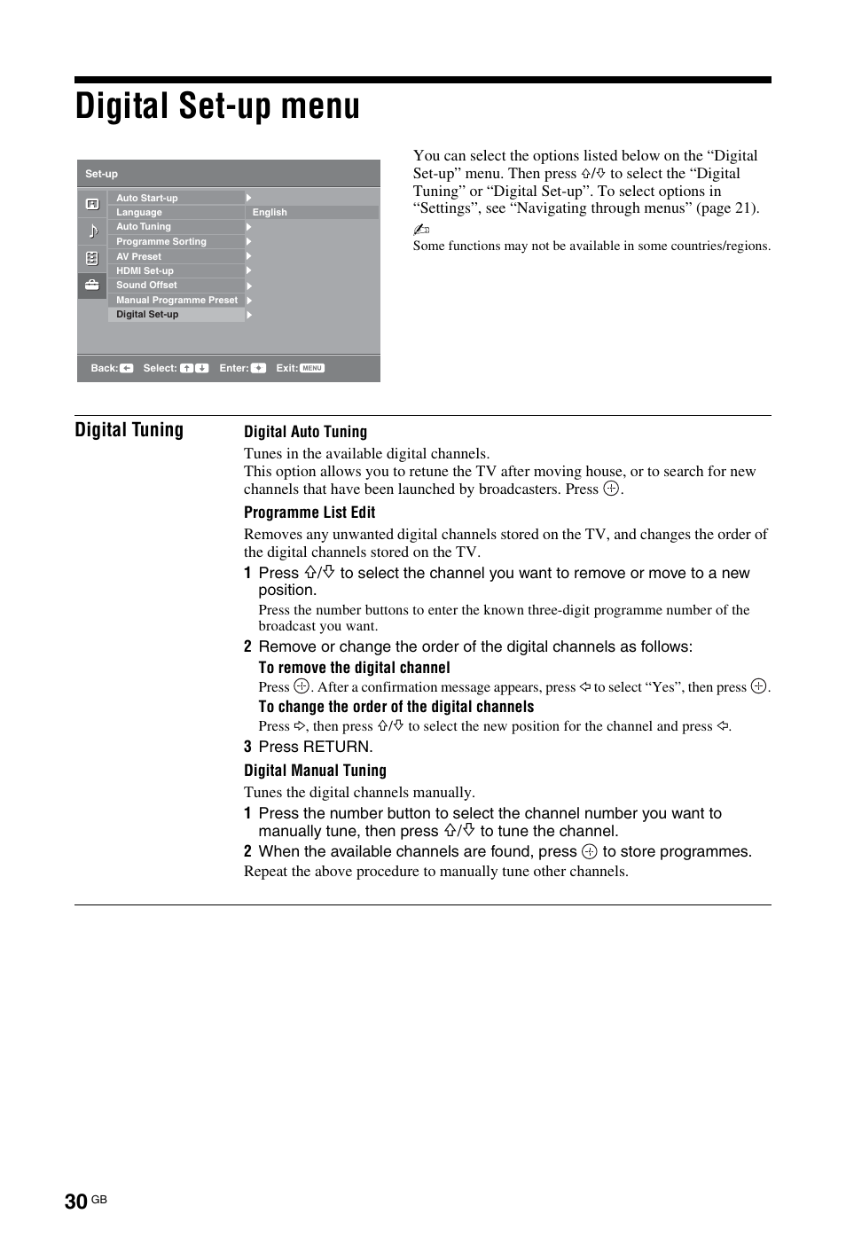 Digital set-up menu, Digital tuning | Sony BRAVIA KDL-26L40xx User Manual | Page 30 / 40